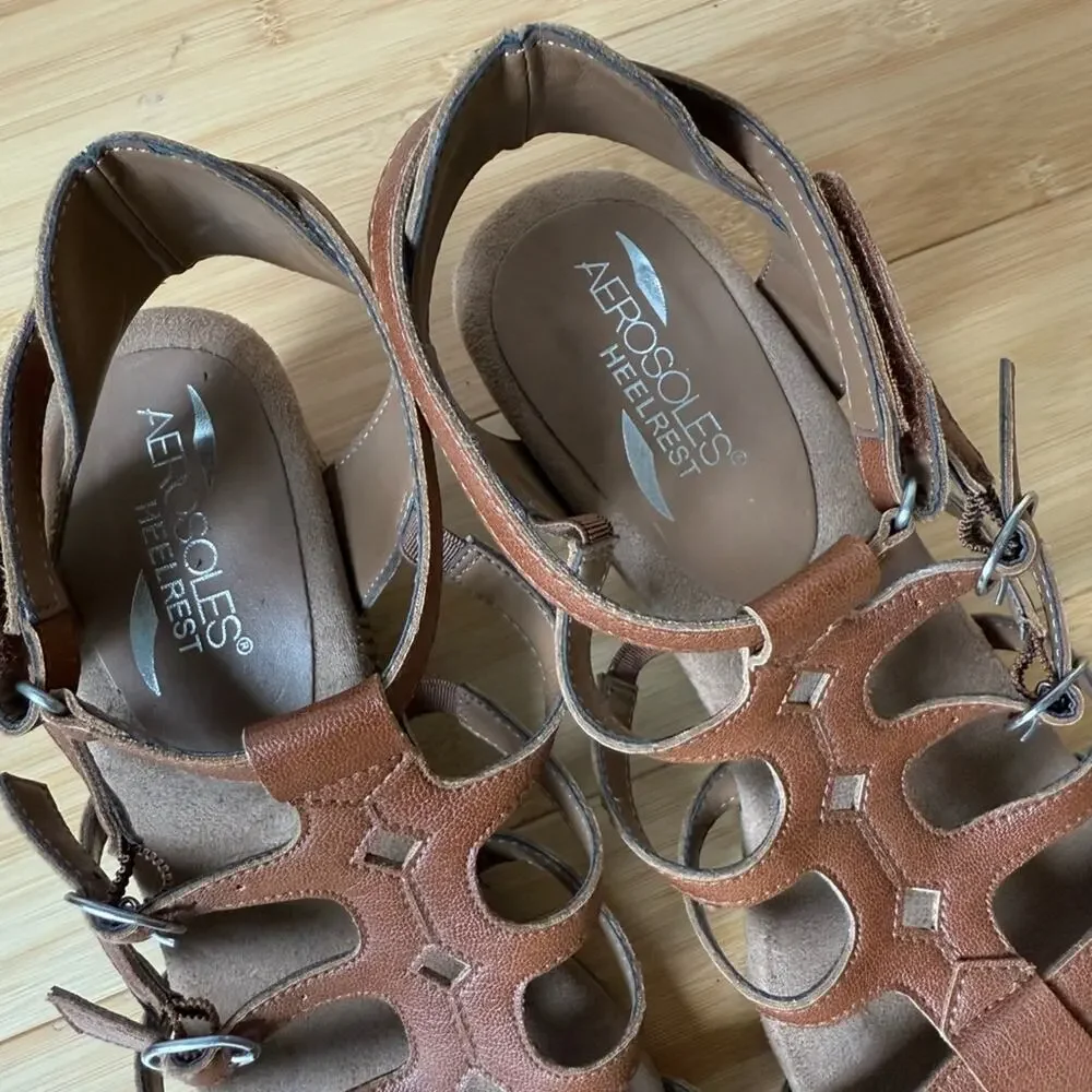 AEROSOLES HEEL REST BROWN LEATHER SPARKLE GLADIATOR ESPADRILLES WEDGES SIZE 9